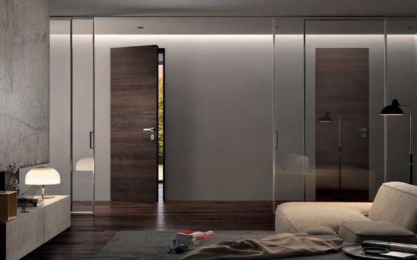 Распашная дверь: Модель ORIZZONTE LT, цвет Rovere Wenge. Раздвижная перегородка: Gdesigner, модель 1V, профиль: сталь, стекло: прозрачное.